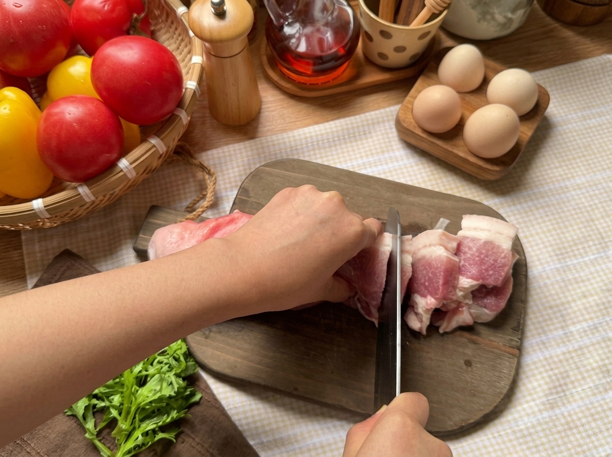 Pancia di maiale tagliata a fette su un tagliere in legno.