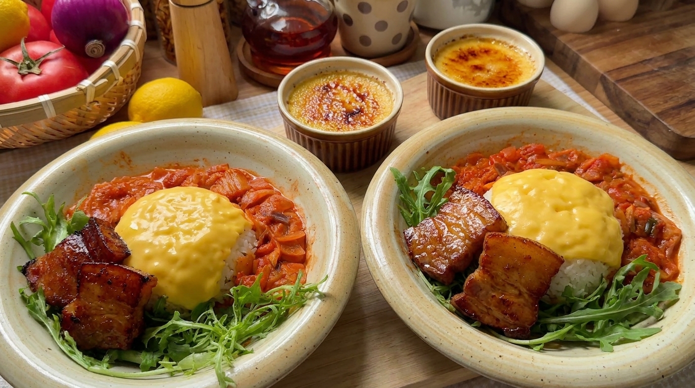 Bowl di Pancia di Maiale in Salsa Coreana Speziata e Crème Brûlée