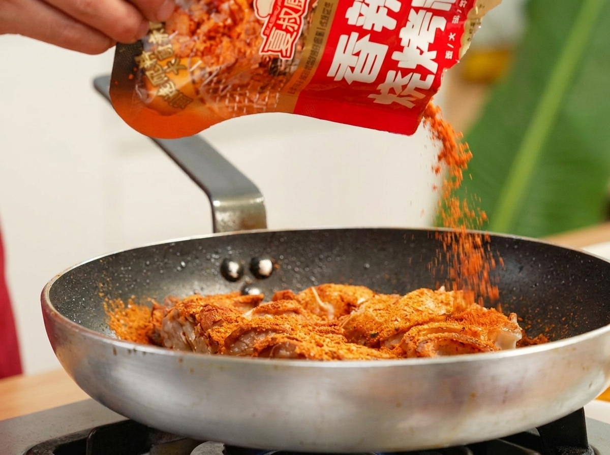 Condimento per barbecue e verdure tagliate a dadini aggiunti al maiale dorato nella padella.