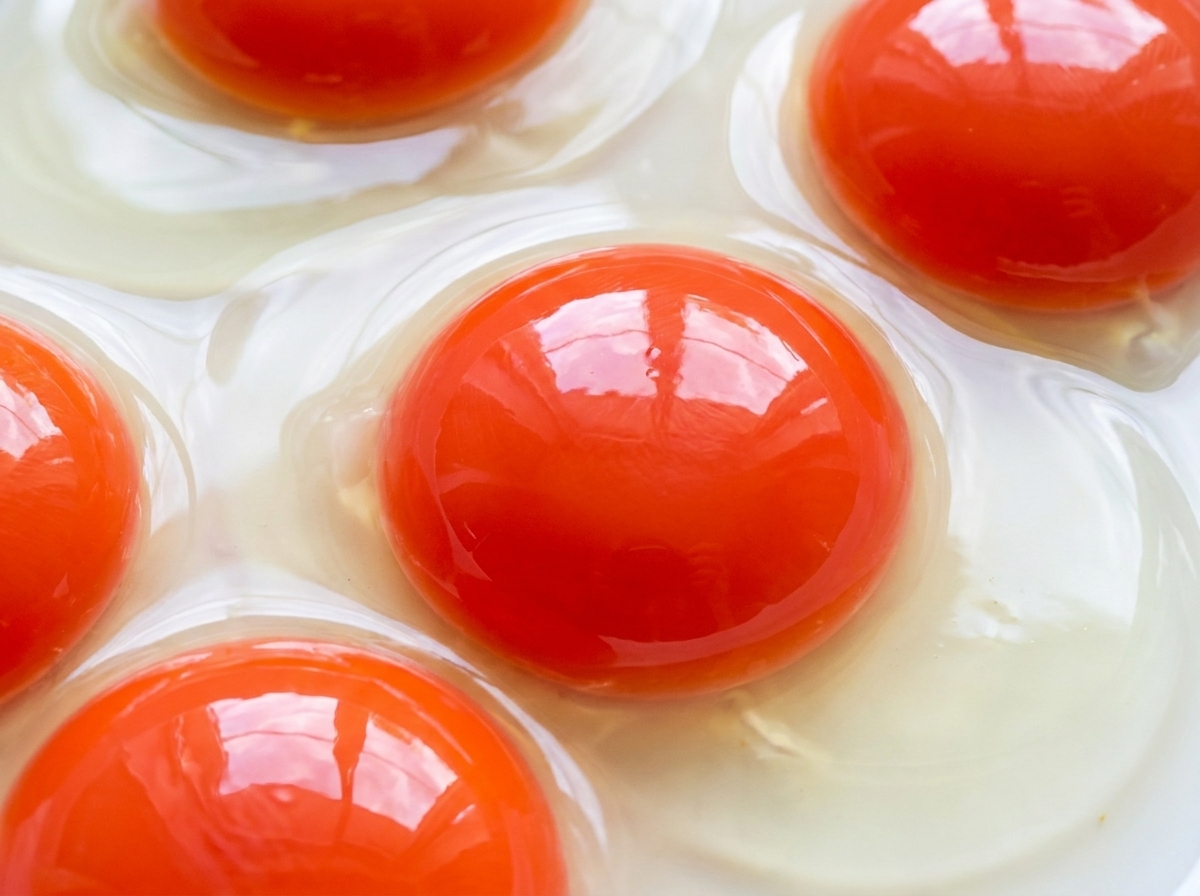 Uova di quaglia fresche sgusciate che friggono nella padella accanto al composto di maiale condito.