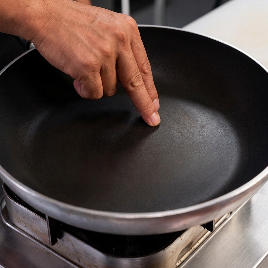 Una mano che indica una padella vuota e asciutta su un fornello a gas prima di aggiungere la carne.