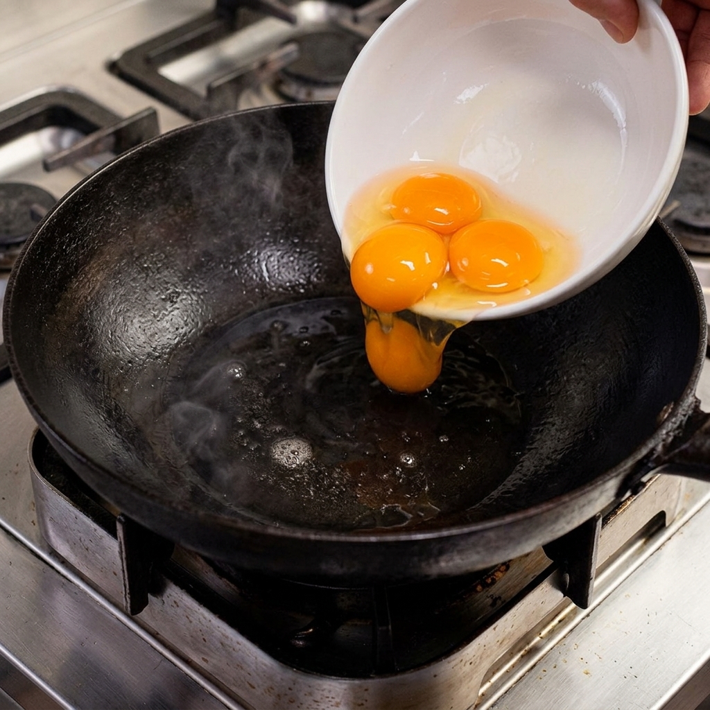 Tuorli duovo crudi versati da una ciotola bianca in un wok caldo contenente strutto fuso.