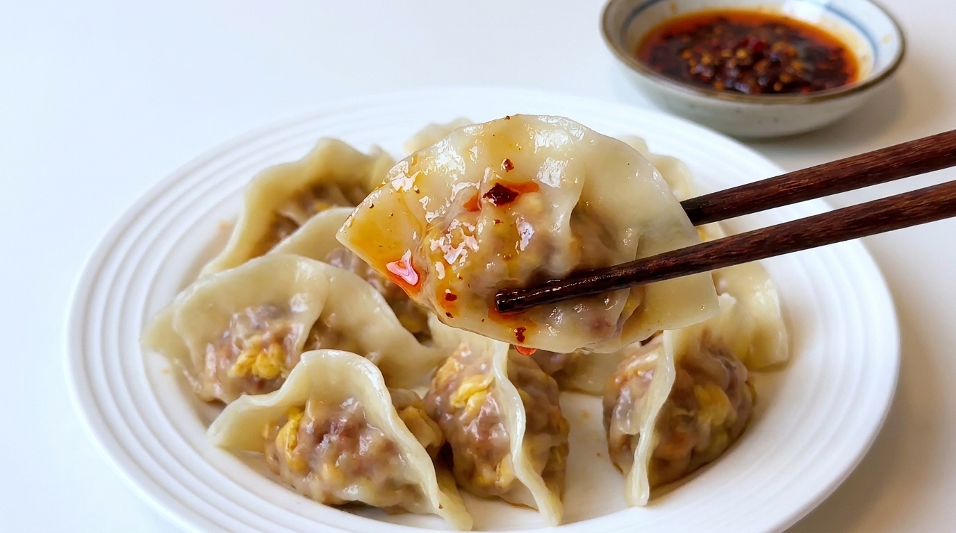 Ravioli cinesi al barbecue appena bolliti e serviti con una salsa piccante al chili oil.
