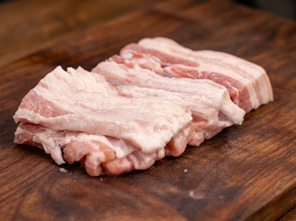 Fette di pancia di maiale in padella condite con polvere BBQ e mescolate con le verdure.