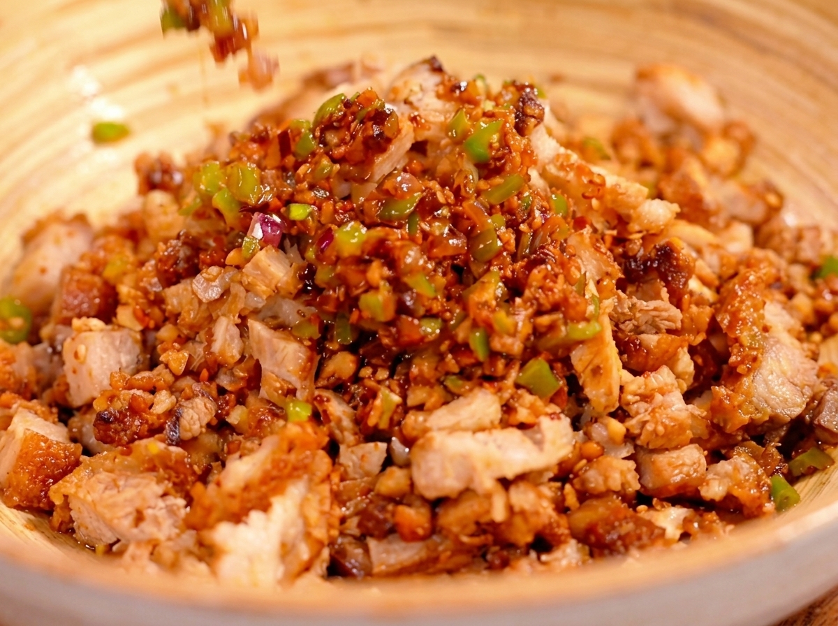 Una ciotola contenente un miscuglio di maiale grigliato, uova tritate e verdure fresche.