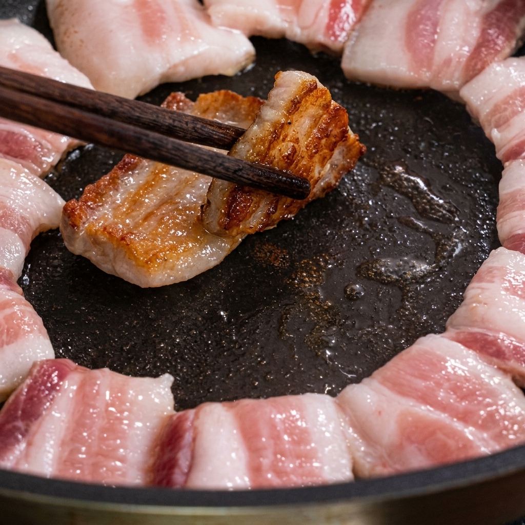 Fette di pancetta che rosolano in padella, girate con le bacchette.