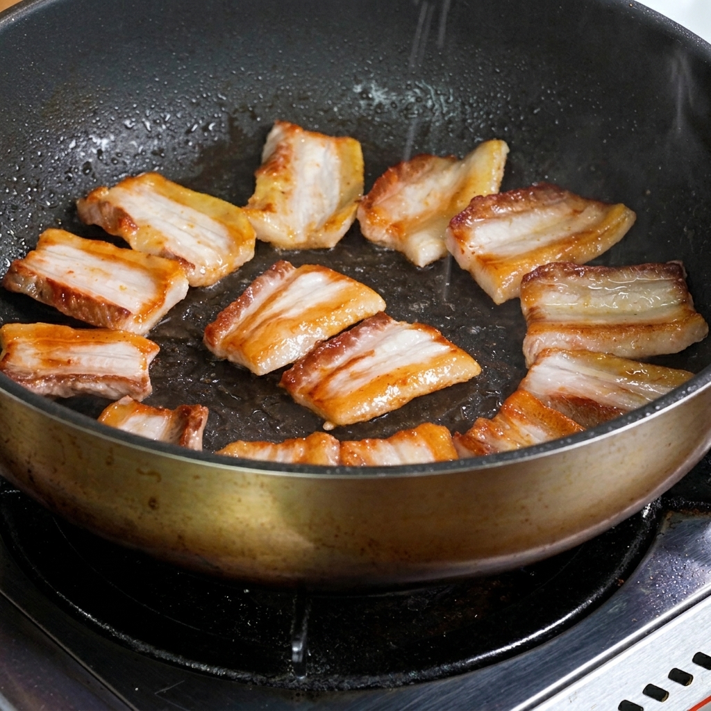 Cipolle a cubetti e aglio tritato sfrigolano in padella accanto alla pancetta rosolata.