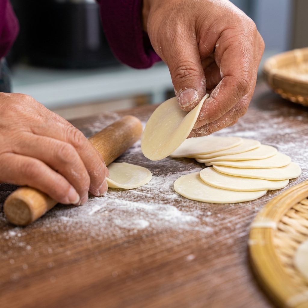 Mani che piegano e sigillano i dischi per ravioli ripieni di carne e uova.
