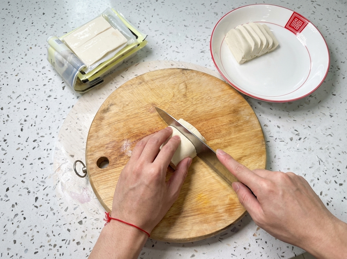Fette di tofu bianco disposte ordinatamente su un piatto bianco e bordato di rosso vicino al tagliere.