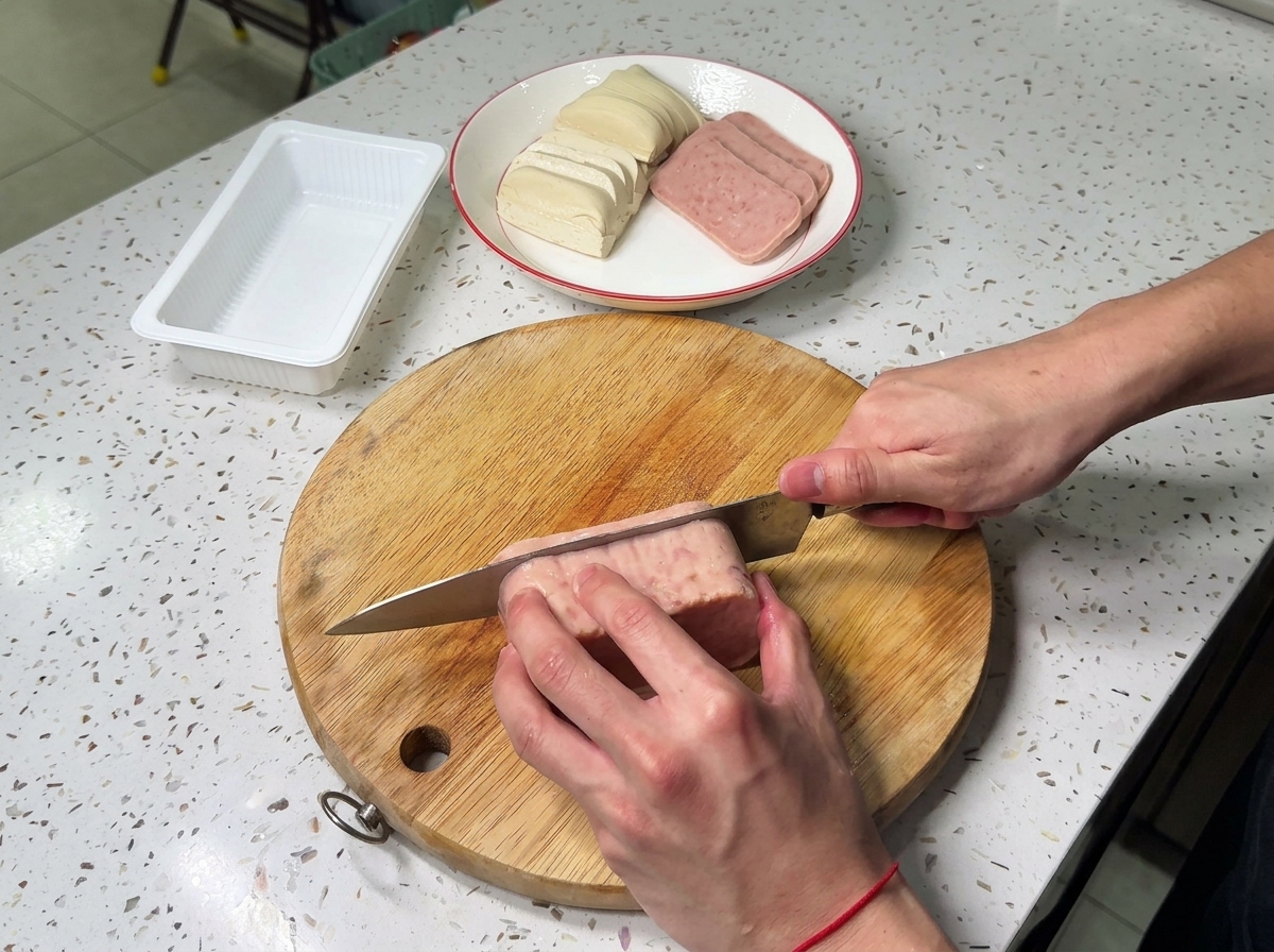 Fette uniformi di carne in scatola tagliate su un tagliere di legno con un coltello da chef.