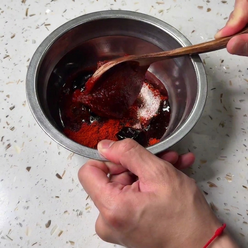 Uno scatto ravvicinato di un cucchiaio di pasta di peperoncino piccante coreana aggiunto a una ciotola di metallo contenente altri condimenti.