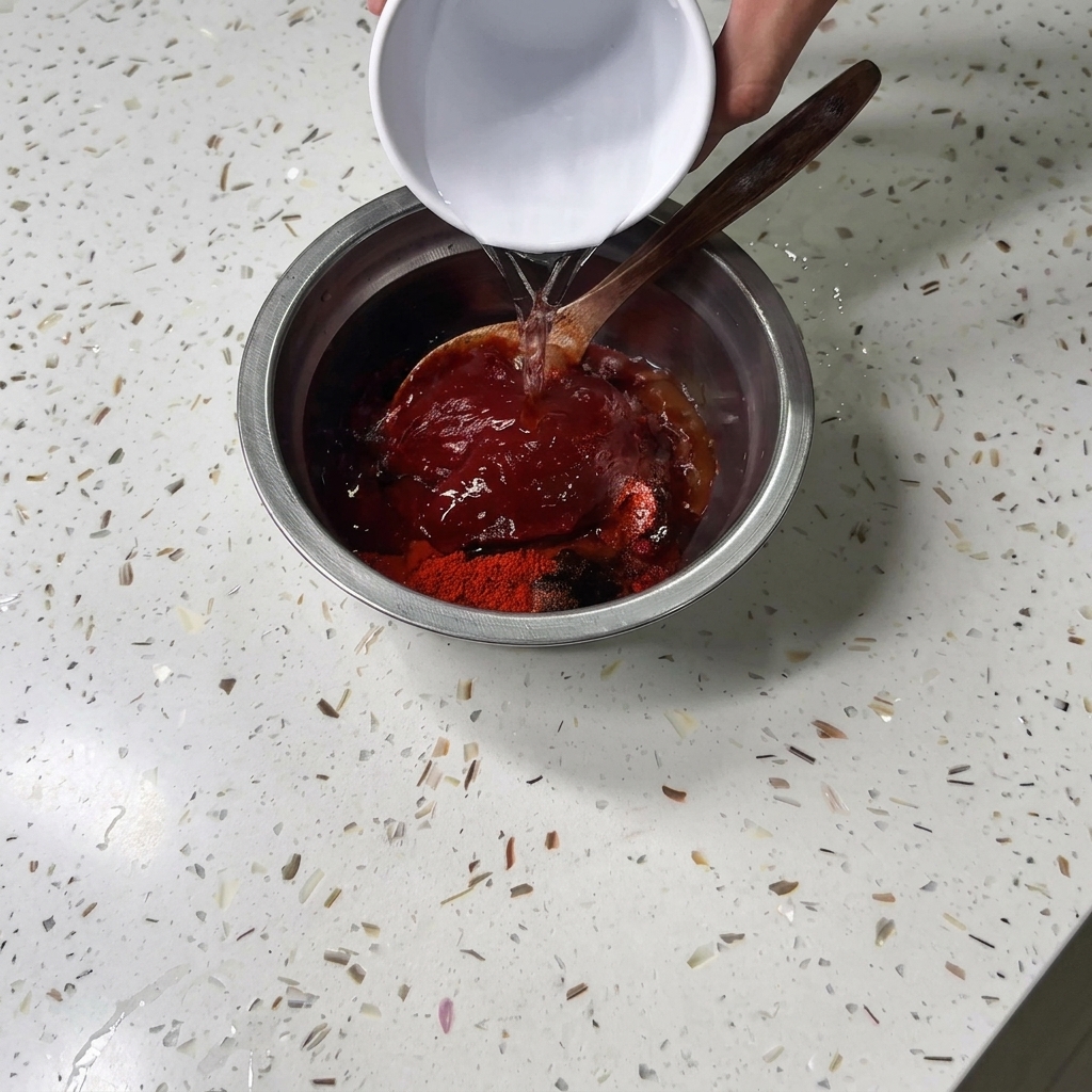 Acqua versata da una piccola ciotola bianca in una ciotola di metallo piena di spezie e pasta di condimento.