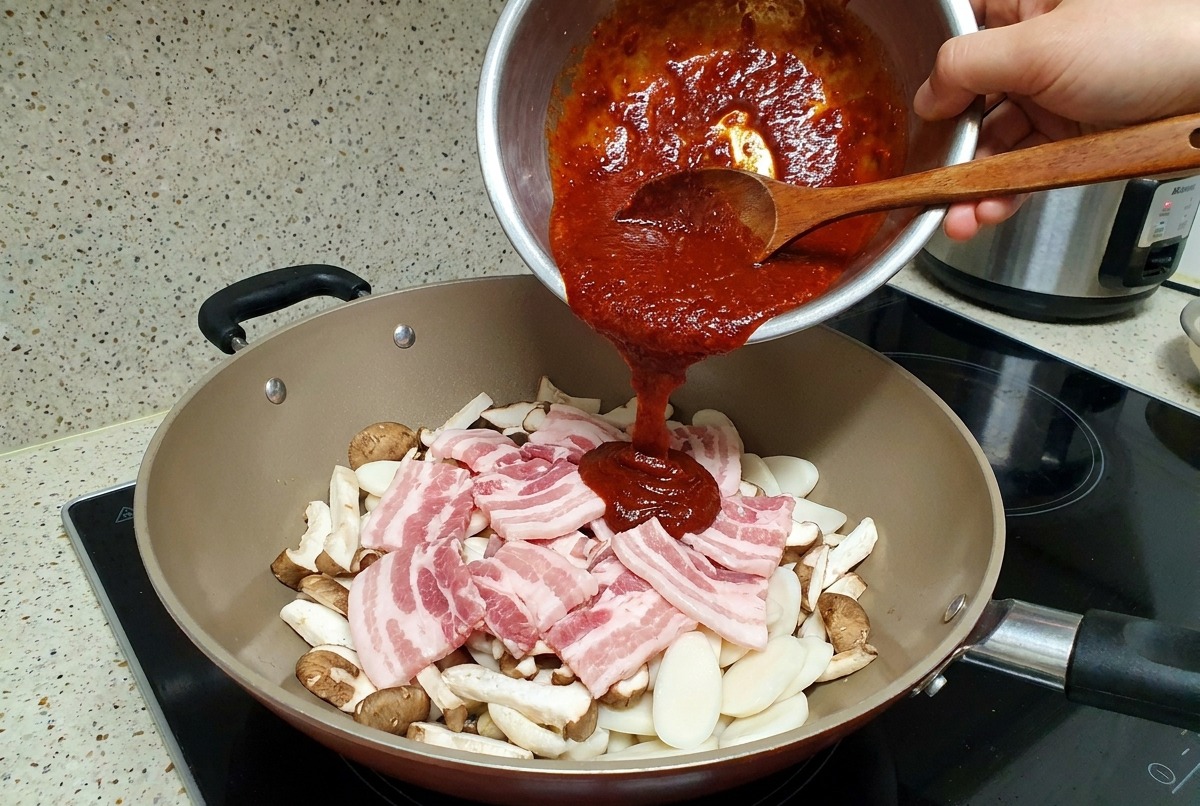 Versare la miscela di salsa rosso scuro e saporita sugli ingredienti disposti nella pentola di cottura.