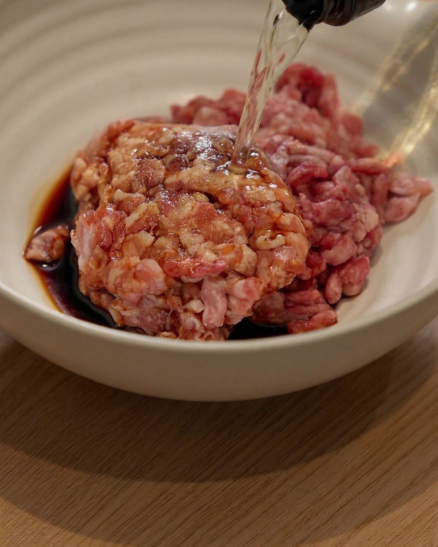 Maiale macinato in una ciotola bianca condito con salsa di soia e vino da cucina.