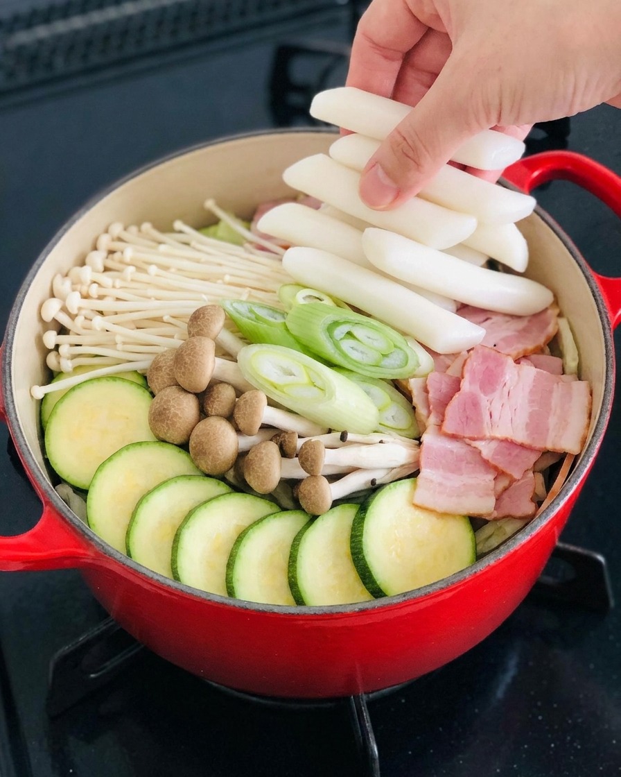 Una mano che posiziona gnocchi di riso cilindrici bianchi nella disposizione degli ingredienti allinterno dellhot pot rosso.