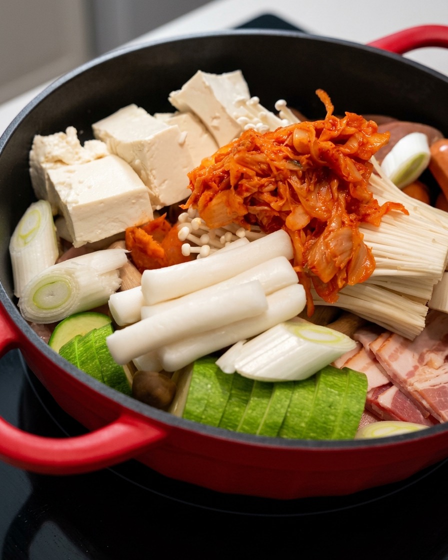Kimchi rosso vibrante disposto sopra i funghi enoki e altri ingredienti allinterno della pentola.