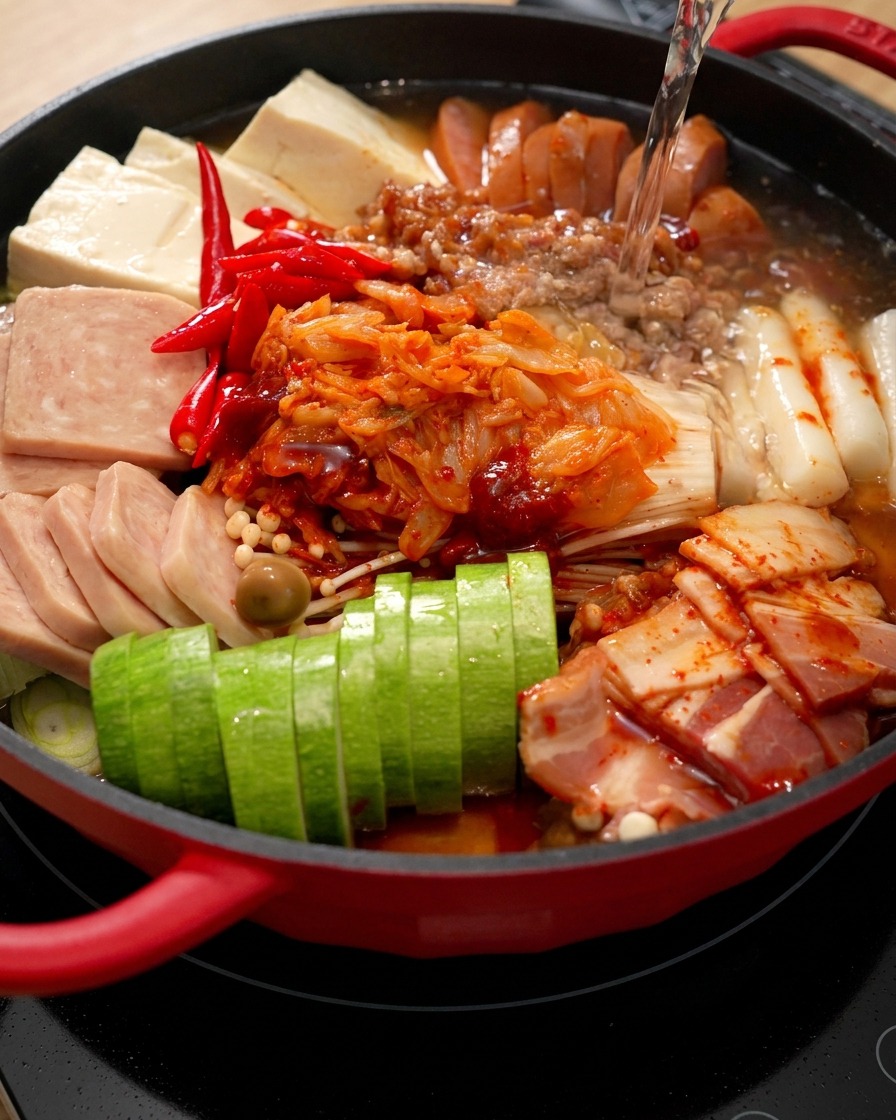 Acqua che scorre nellhot pot rosso riempito con ingredienti disposti ordinatamente come kimchi, carne in scatola e zucchine.