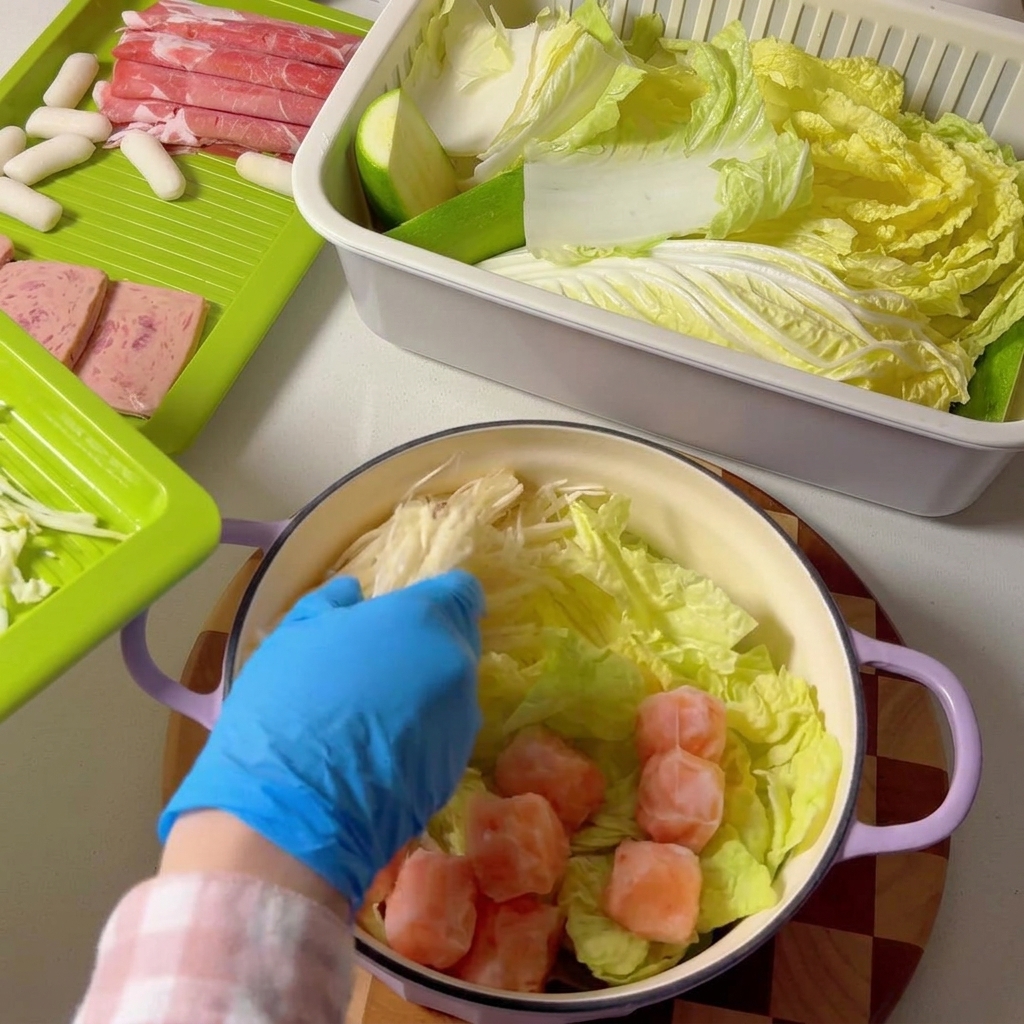 Funghi enoki e pezzi di zucchina aggiunti nella pentola.