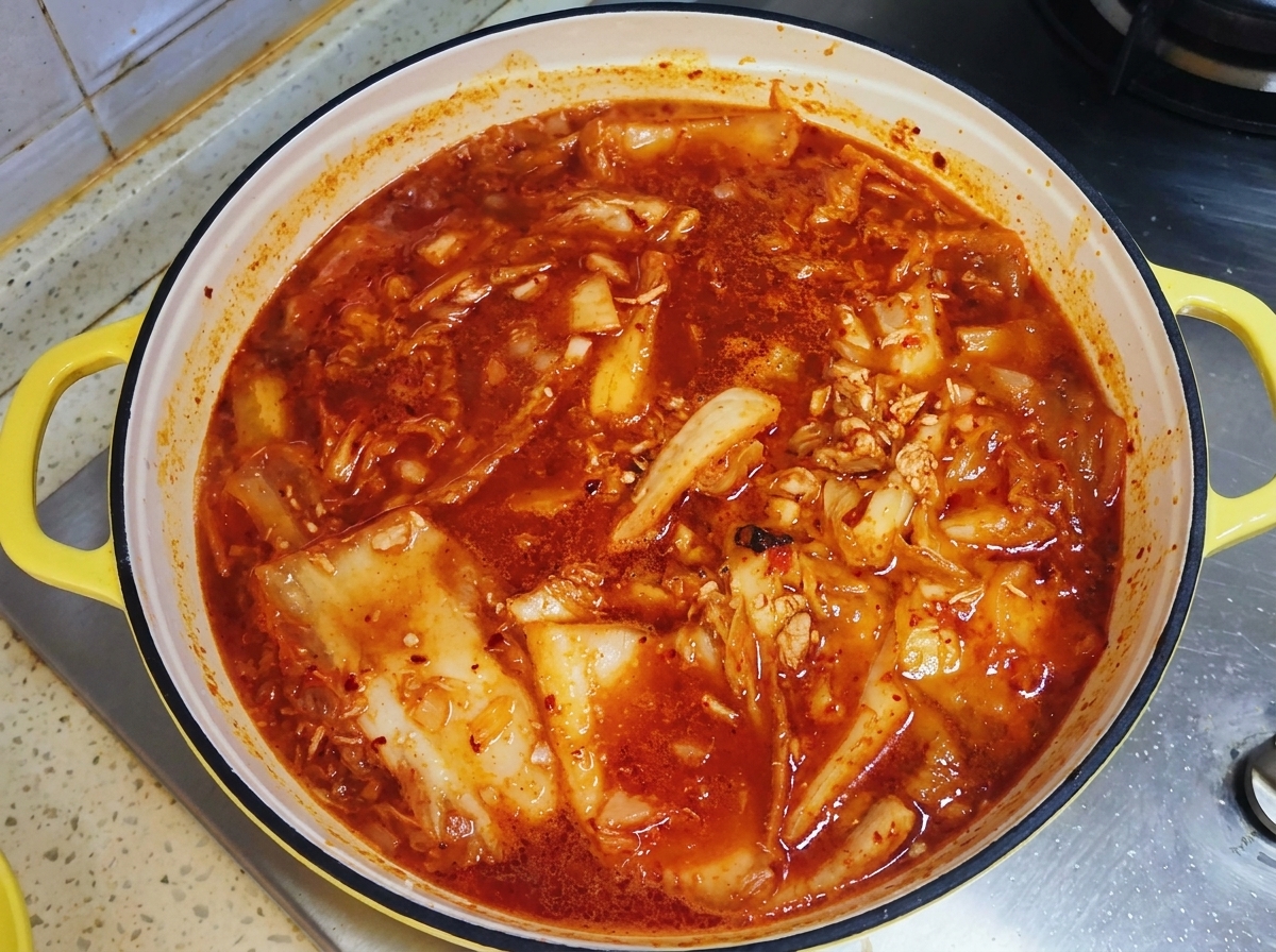 Una padella dal manico giallo piena di stufato di kimchi rosso e scoppiettante, coperta con un coperchio per cuocere a fuoco lento.