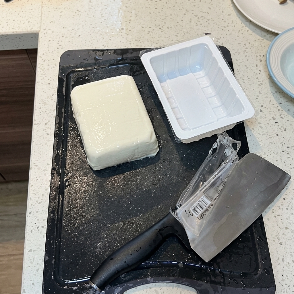 Un blocco di tofu vellutato tagliato con cura a pezzi con un coltello su un tagliere.