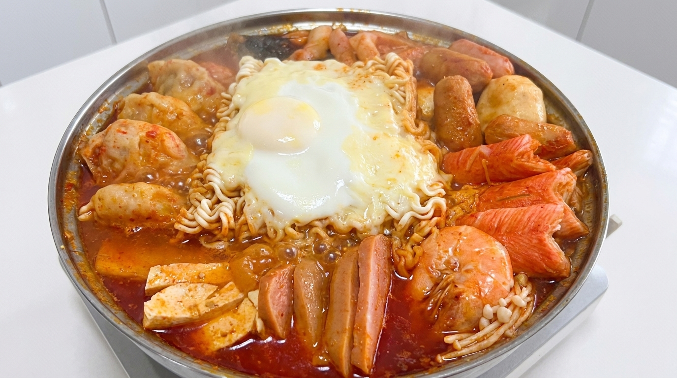 Una pentola ribollente di Budae Jjigae con ramen istantaneo, formaggio fuso, brodo piccante e un ricco assortimento di carne e frutti di mare.