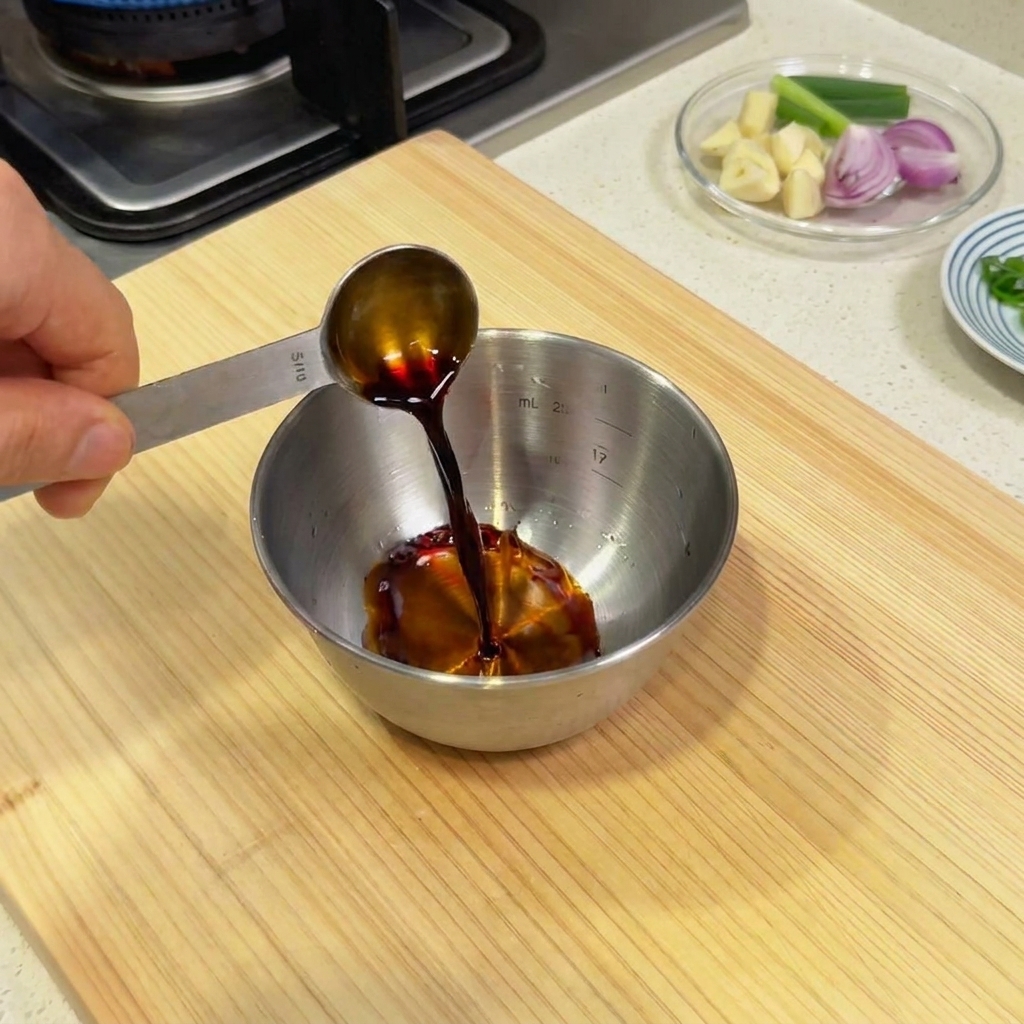 Condimento liquido scuro versato in una ciotola di metallo per creare la base della salsa al pepe nero.