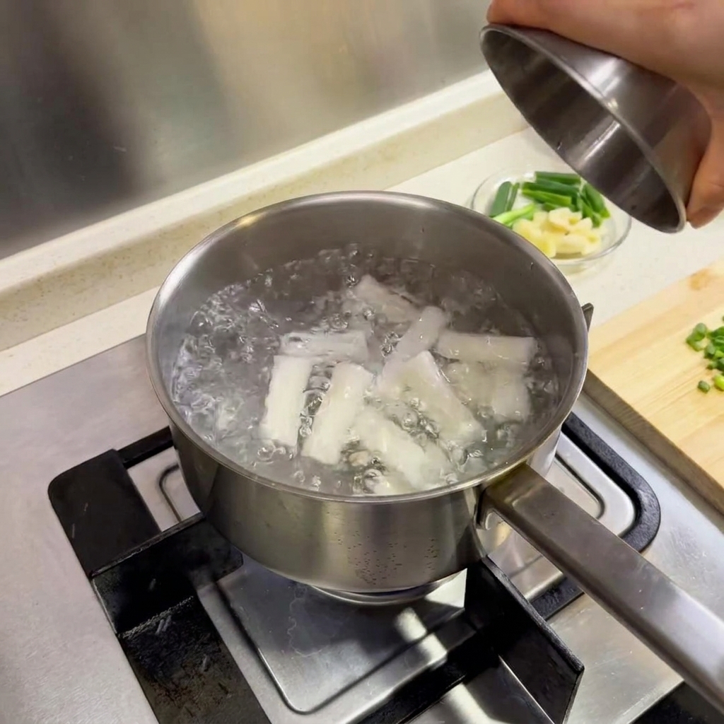 Gnocchi di riso che bollono vigorosamente in una pentola di acciaio inossidabile su un piano cottura a gas.
