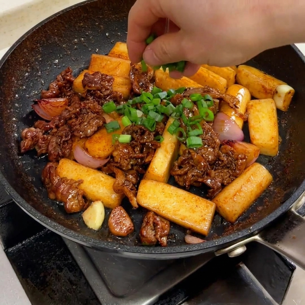 Cipollotti tritati cosparsi a mano sopra una padella sfrigolante di manzo e gnocchi di riso saltati.