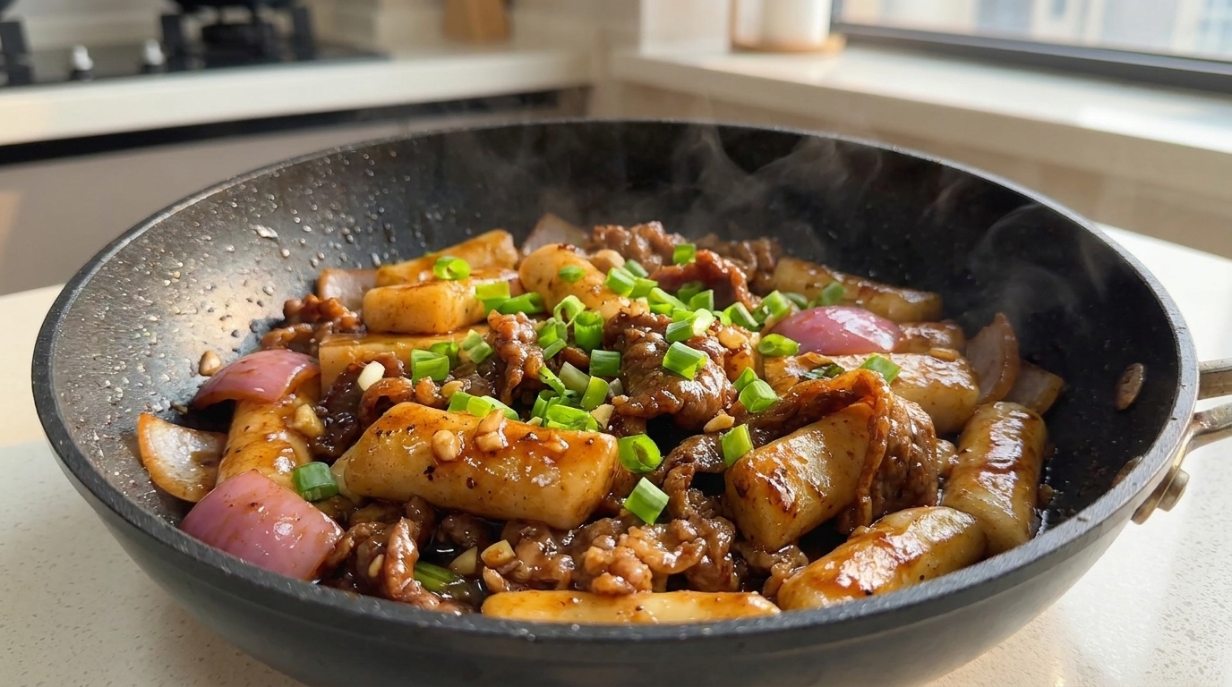 Saltare in Padella di Manzo al Pepe Nero e Tteokbokki