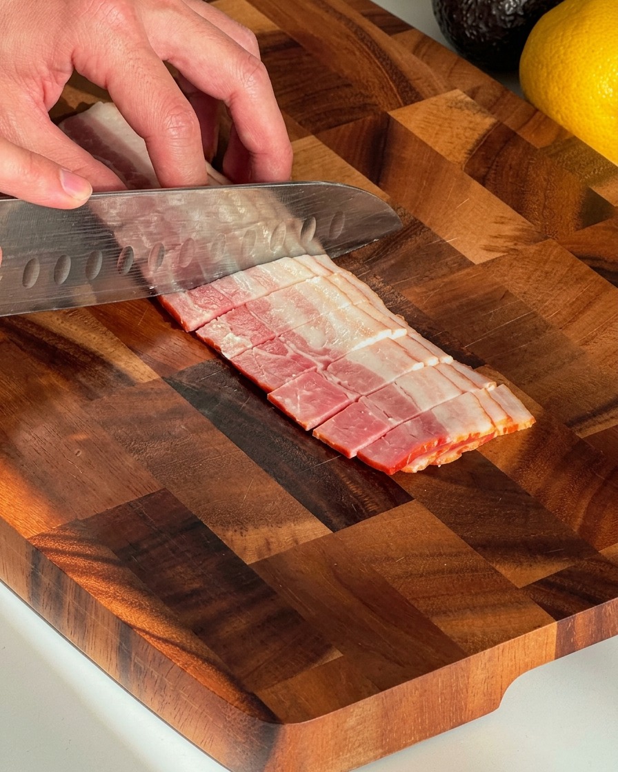 Mani che tagliano fette di pancetta su un tagliere di legno.