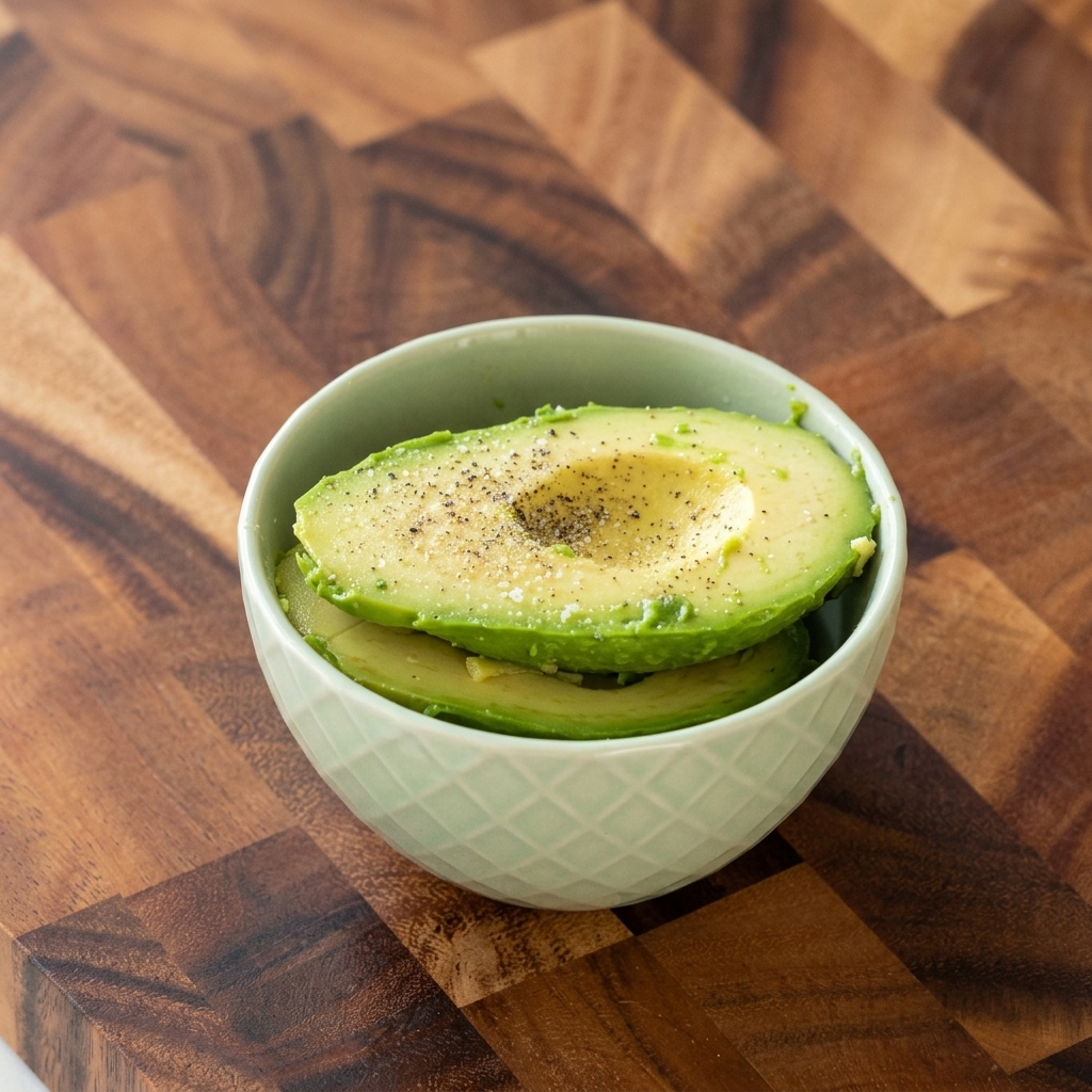 Metà di avocado in una ciotola spolverate con sale e pepe nero.