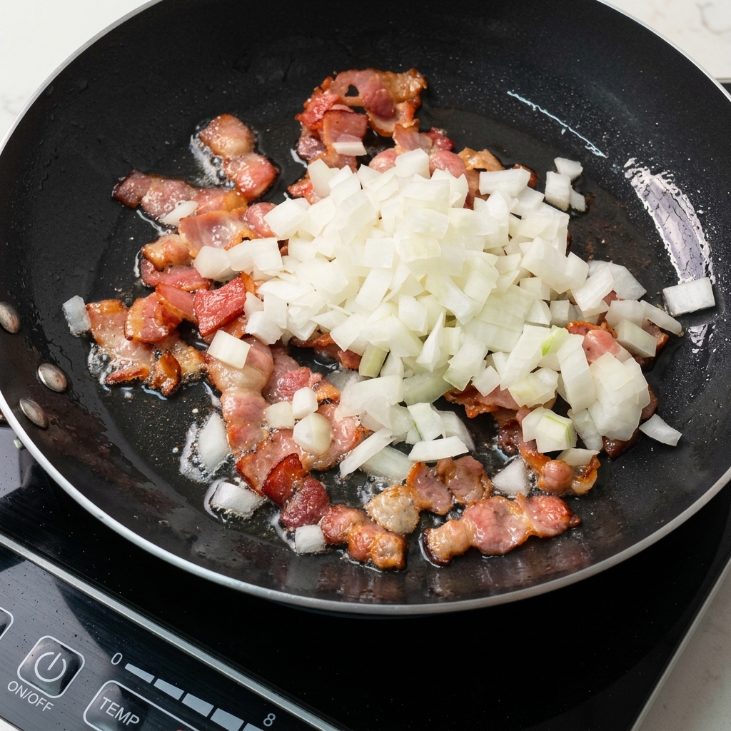 Cipolle bianche tritate finemente aggiunte sopra la pancetta che frigge in padella.