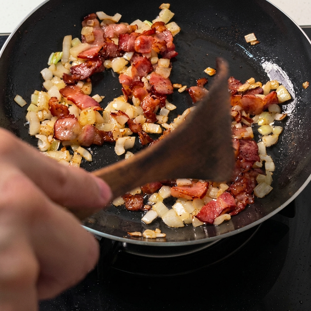 Una spatola di legno spinge un composto di pancetta e cipolle cotte per formare spazi circolari vuoti nella padella.