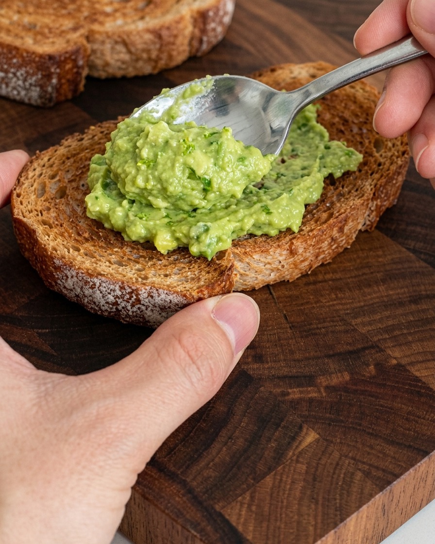 Un cucchiaio dargento spalma la purea verde di avocado su una fetta di pane croccante tostato su un tagliere di legno.