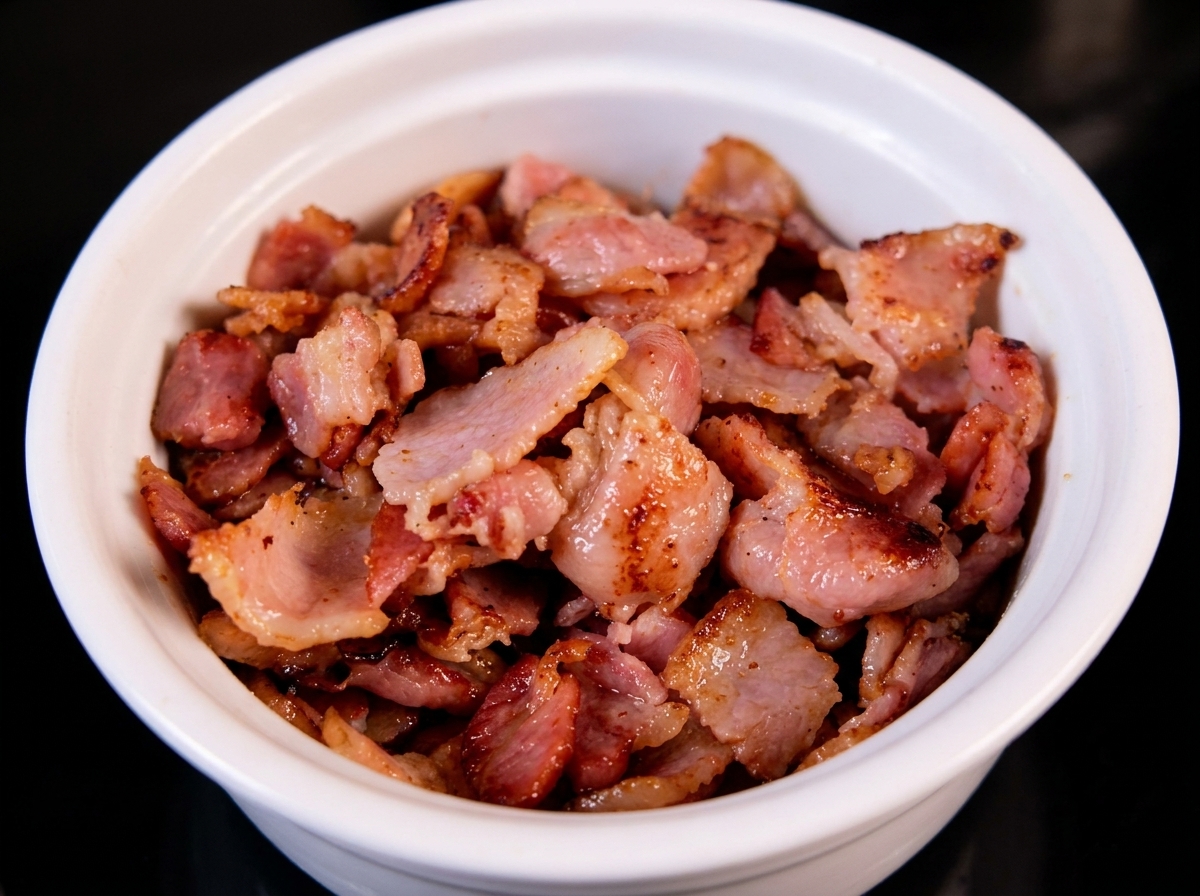 Una ciotola piena di pezzetti di bacon appena cotto e croccante.