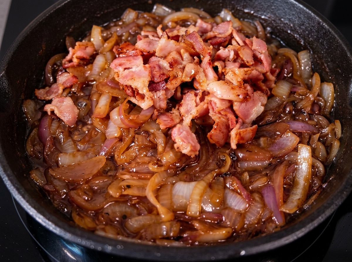 Pezzetti di bacon croccante ammucchiati sopra le cipolle caramellate in una padella in ghisa.