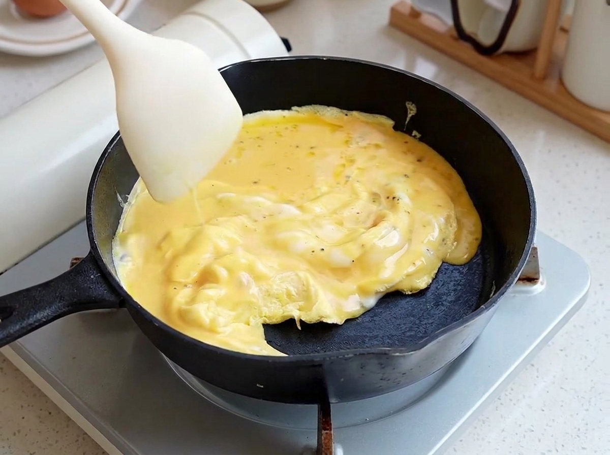 Una spatola in silicone bianca che piega delicatamente uova gialle cotte e morbide in una padella nera.