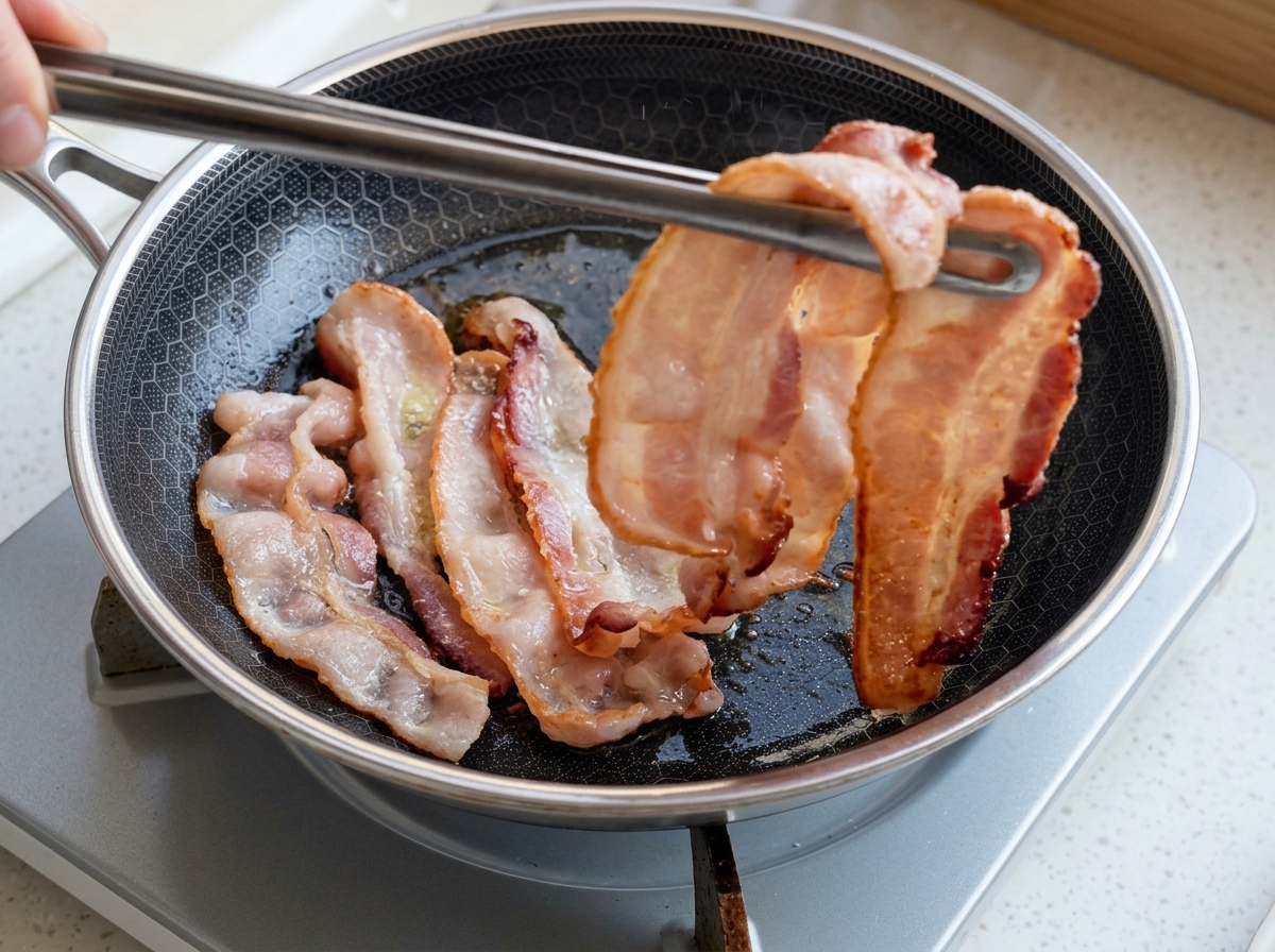 Pinze di metallo che sollevano un pezzo di bacon dorato e croccante da una padella calda piena di altre strisce di bacon.