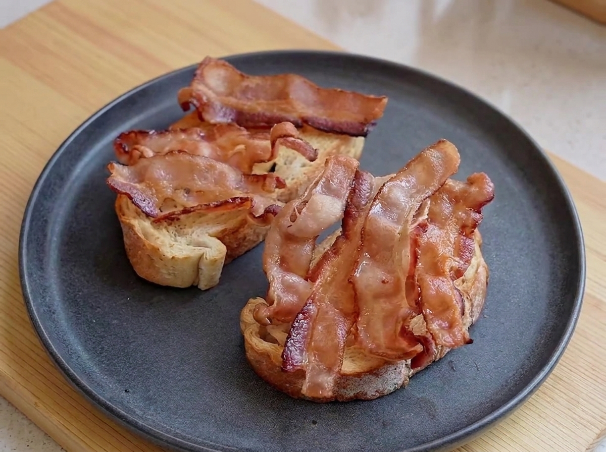 Un piatto scuro contenente fette di pane tostato guarnite con strati di strisce di bacon cotte e ondulate.