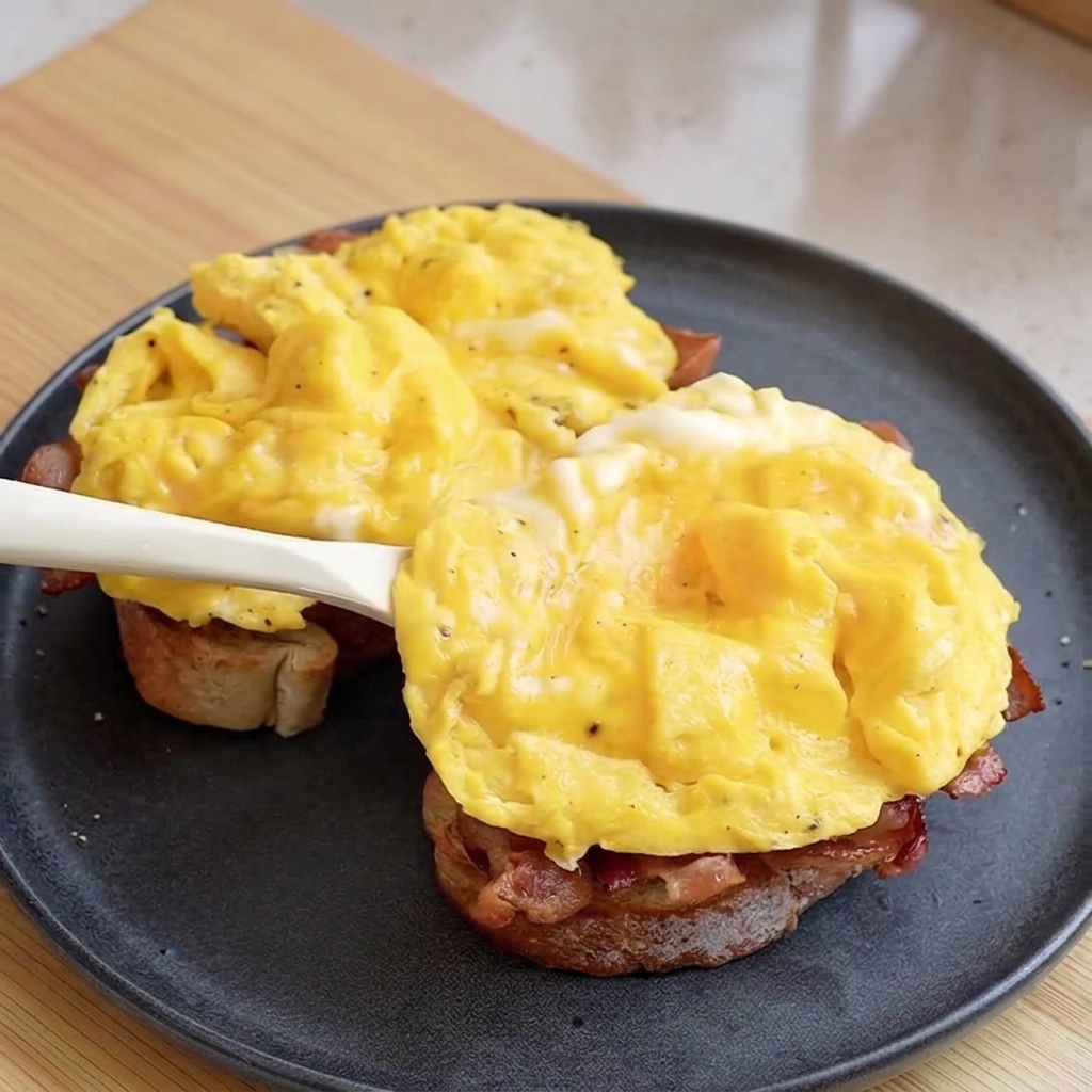 Una spatola bianca che posiziona un mucchietto di uova strapazzate morbide e gialle sopra il toast con bacon su un piatto scuro.
