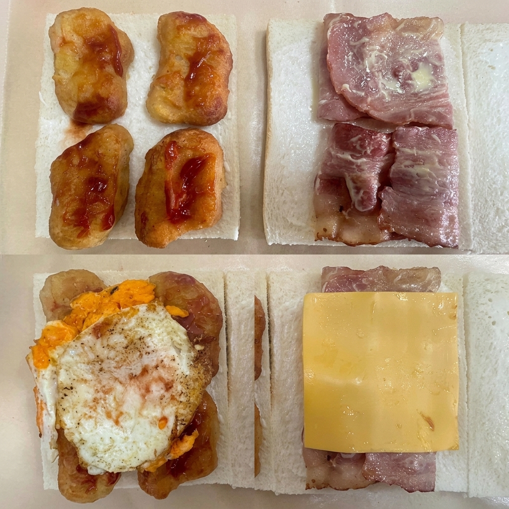 Unimmagine composita che mostra il processo di assemblaggio: nuggets di pollo con ketchup, strisce di pancetta con senape al miele, un uovo fritto sopra i nuggets e una fetta di formaggio giallo sopra la pancetta.