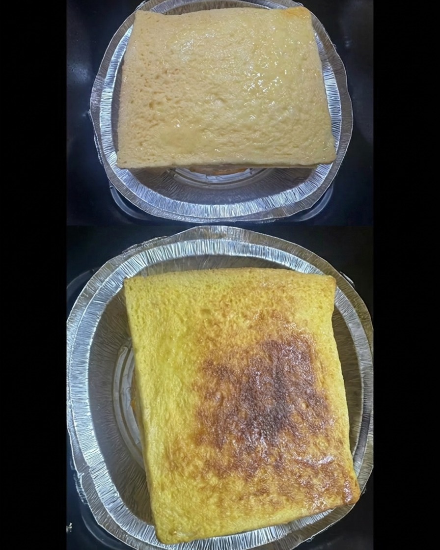 Una visuale divisa che mostra il panino crudo ricoperto duovo in un vassoio di alluminio prima della cottura, e il bellissimo panino finale tostato e dorato dopo essere stato cotto in friggitrice ad aria.