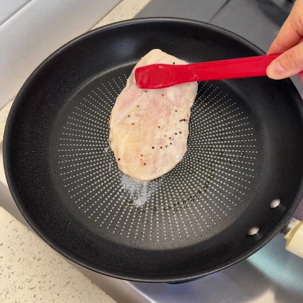 Pinze in silicone rosso che posizionano un petto di pollo crudo in una padella nera.