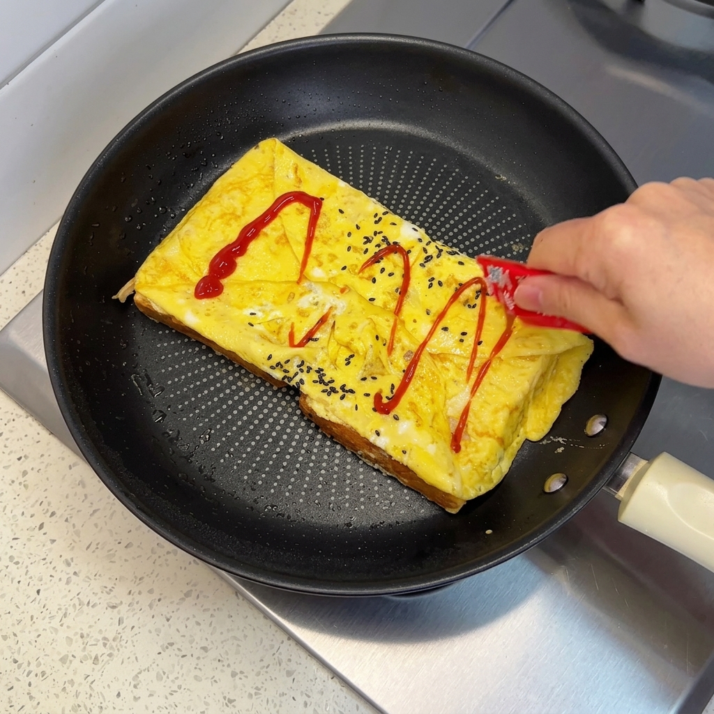 Una mano che spreme il ketchup da una bustina a zig-zag sopra un uovo piegato in padella.