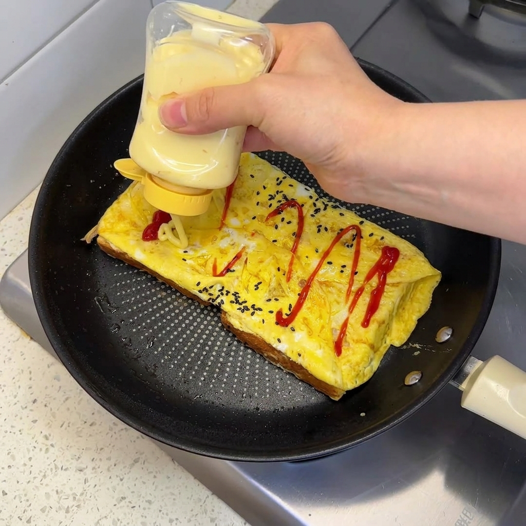 Una mano che spreme la maionese da un flacone sopra luovo piegato e condito con ketchup in padella.