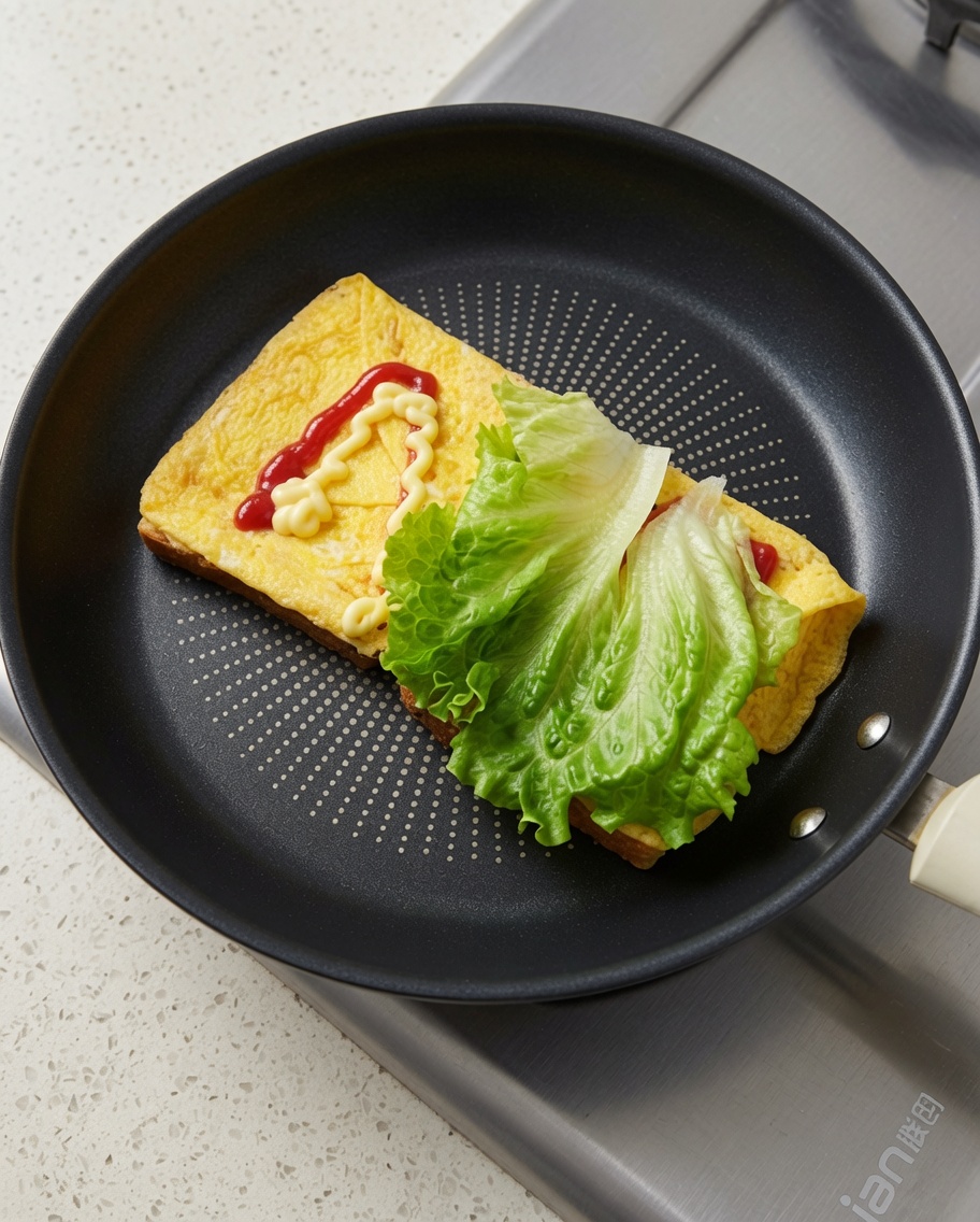 Una foglia di insalata verde fresca posizionata sulla superficie delluovo cotto allinterno della padella.