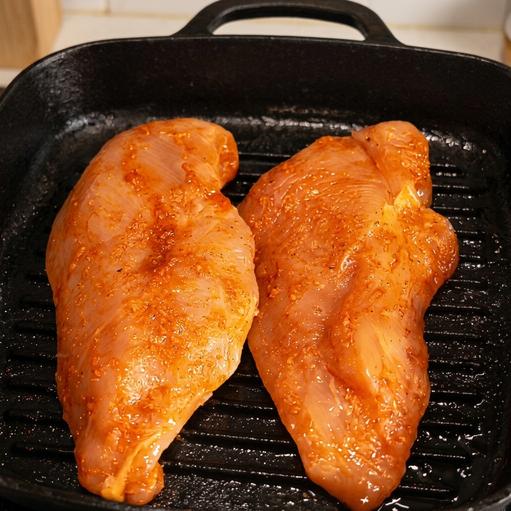 Due petti di pollo conditi che cuociono in una padella nera scanalata con linee di griglia.