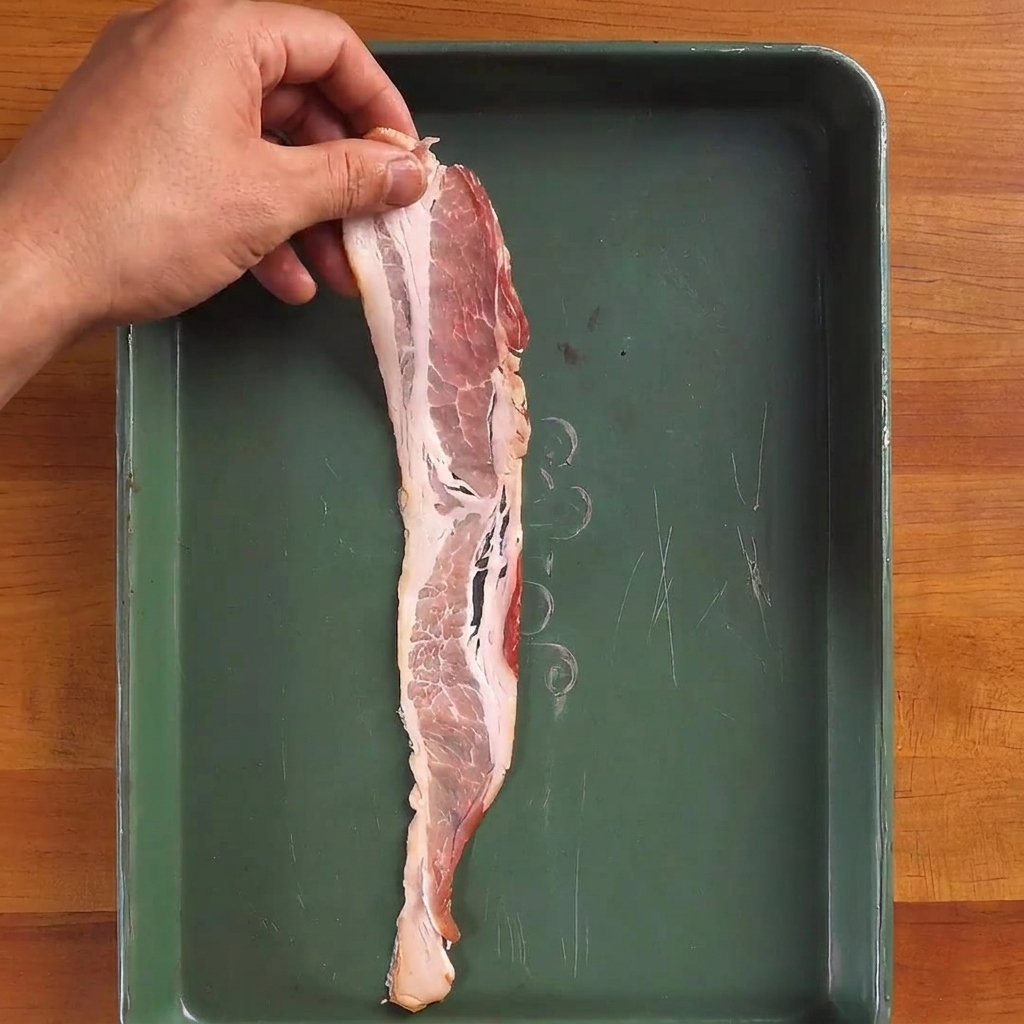 Una singola striscia di bacon crudo tenuta verticalmente sopra un vassoio di metallo verde.