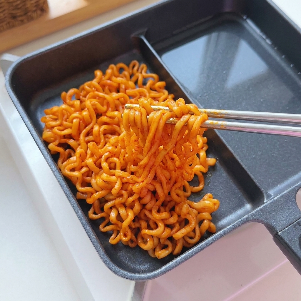 Bacchette che sollevano noodles rossi e vivaci allinterno di una padella divisa nera.