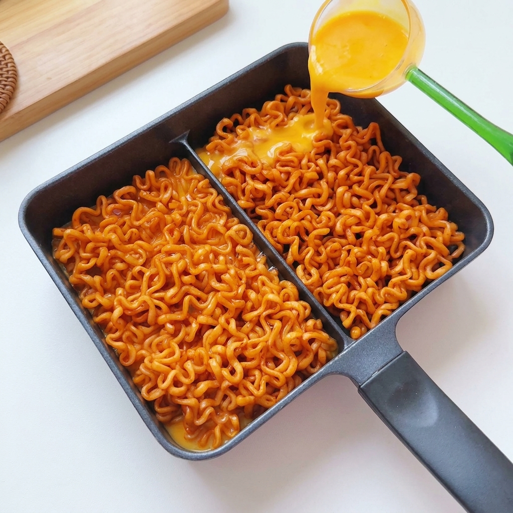 Liquido di uova giallo brillante che si versa da un piccolo mestolo sui noodles rossi nella padella.